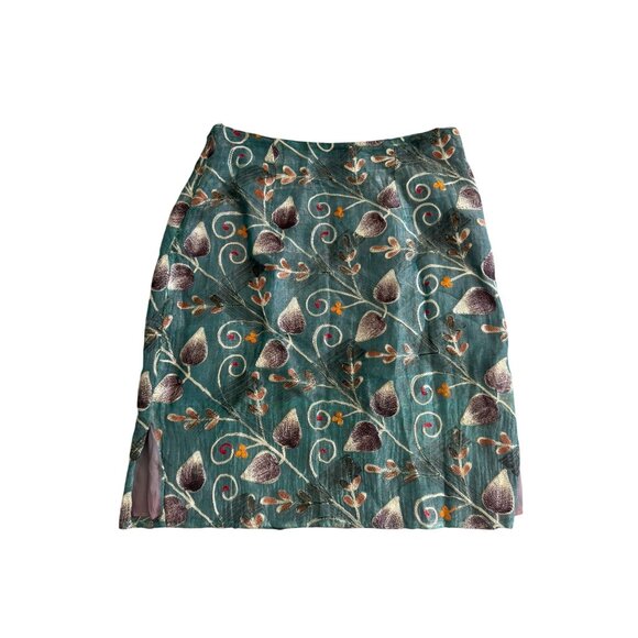 CYNTHIA ROWLEY Vintage Green Embroidered Silk Blend Skirt Size 8 - Picture 5 of 11